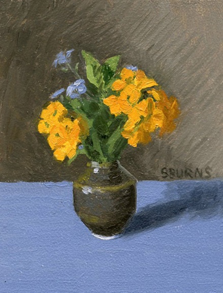 Little Orange Flowers and Forget Me Nots, Oil Painting by Sarah F Burns
