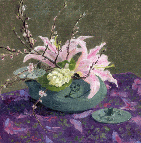 Butterfly Tea, Asiatic Lilies, pussy willow and hyacinth in iron tea pot, oil painting by Sarah f Burns