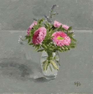 pink flowers on grey oil painting by Sarah F Burns