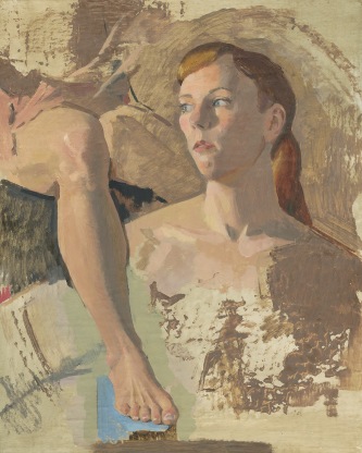 Oil painting of a woman's face and neck and leg